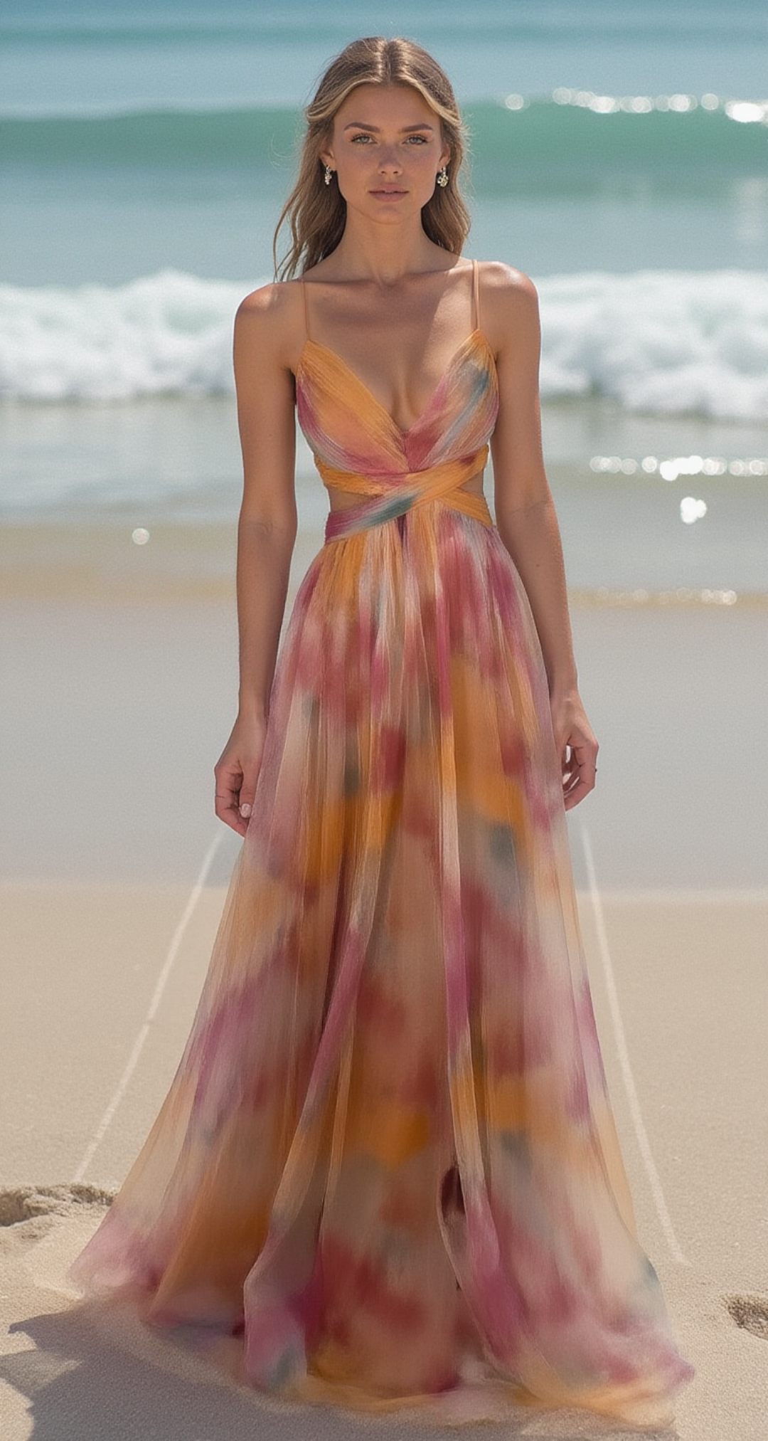 Vestido largo elegante con estampado y detalles ajustables para un mira sofisticado
