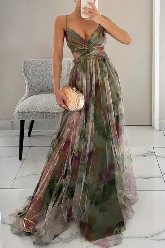 Vestido largo elegante con estampado y detalles ajustables para un mira sofisticado